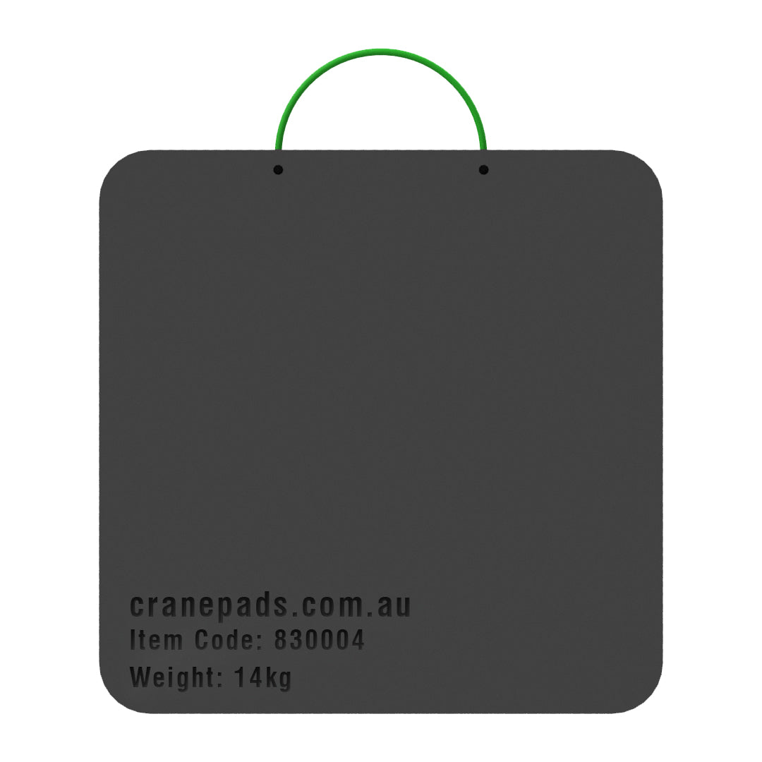 A black square crane outrigger pad with a green loop on the top, branded with cranepads.com.au