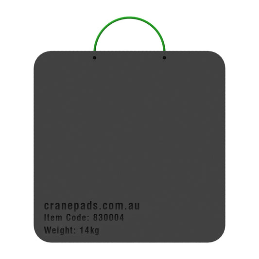 A black square crane outrigger pad with a green loop on the top, branded with cranepads.com.au