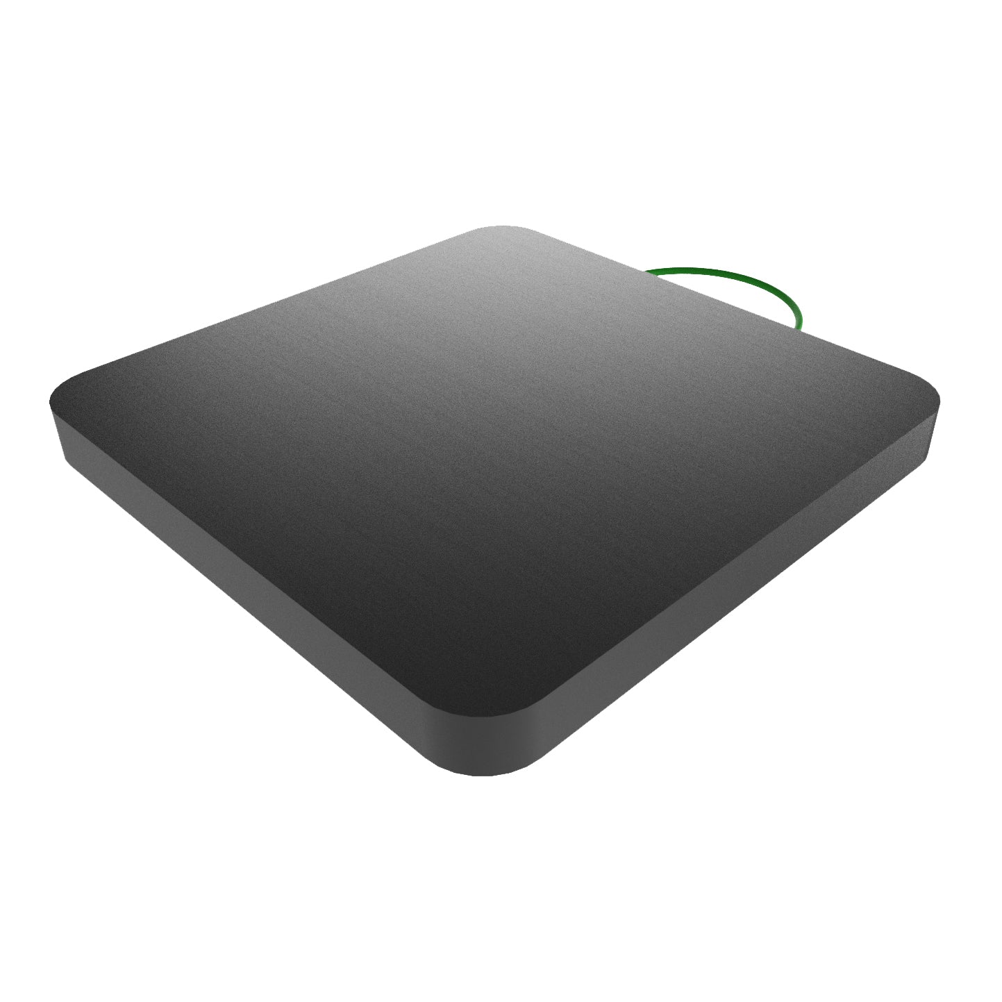 A black square crane outrigger pad with a green loop on the top