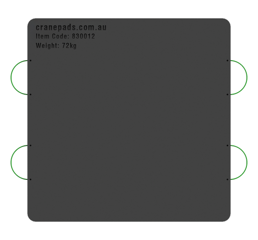 A black square-shaped crane outrigger pad with green handles on the corners, with text indicating the item code, weight, and dimensions.