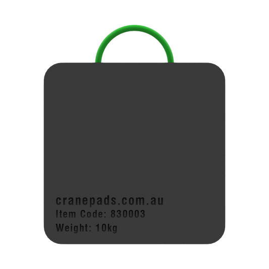 A black square-shaped crane outrigger pad with dimensions marked as 500 x 500 x 40mm, and a website address and item code on the bottom.