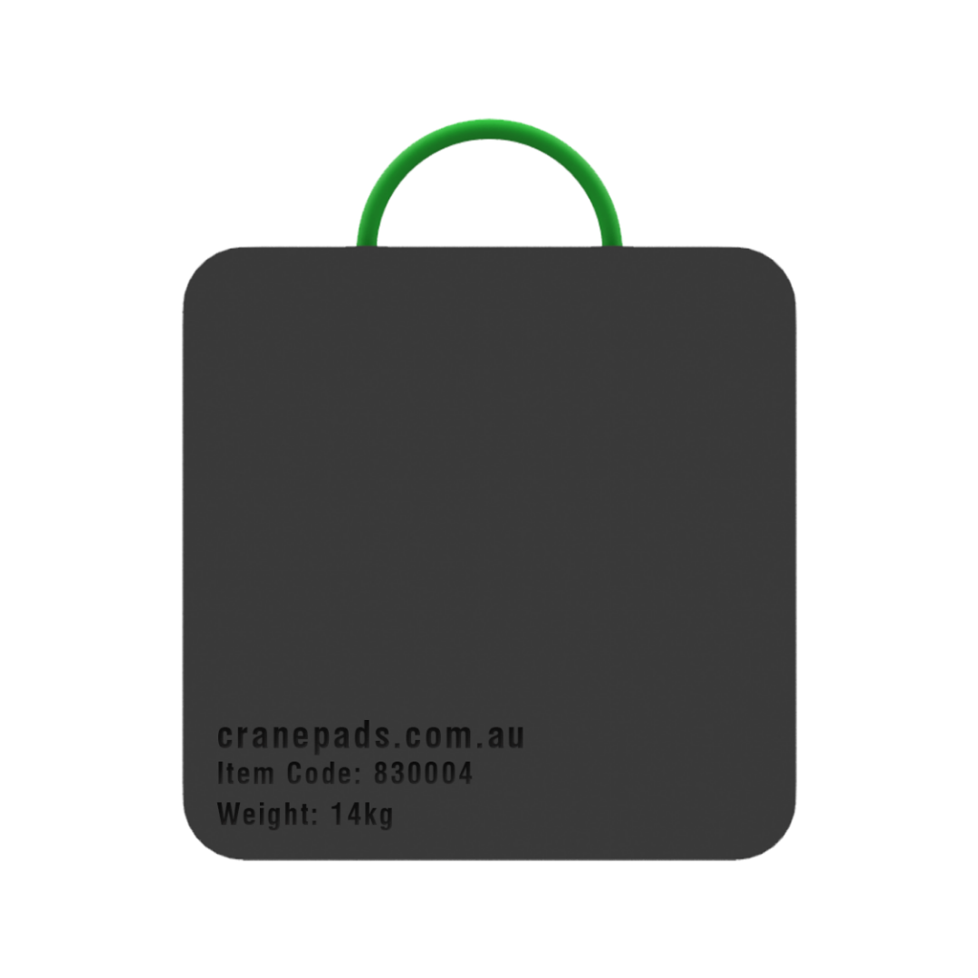 A black square-shaped crane outrigger pad with dimensions marked as 500 x 500 x 50mm, and a website address and item code on the bottom.