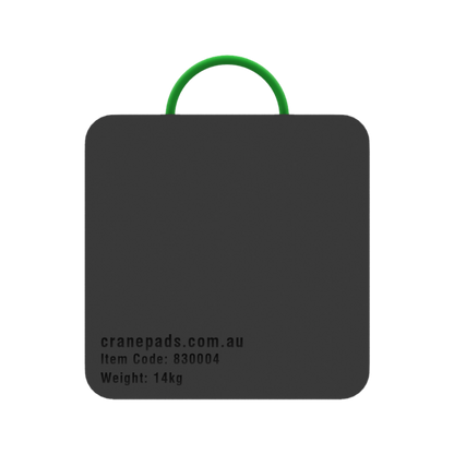 A black square-shaped crane outrigger pad with dimensions marked as 500 x 500 x 50mm, and a website address and item code on the bottom.