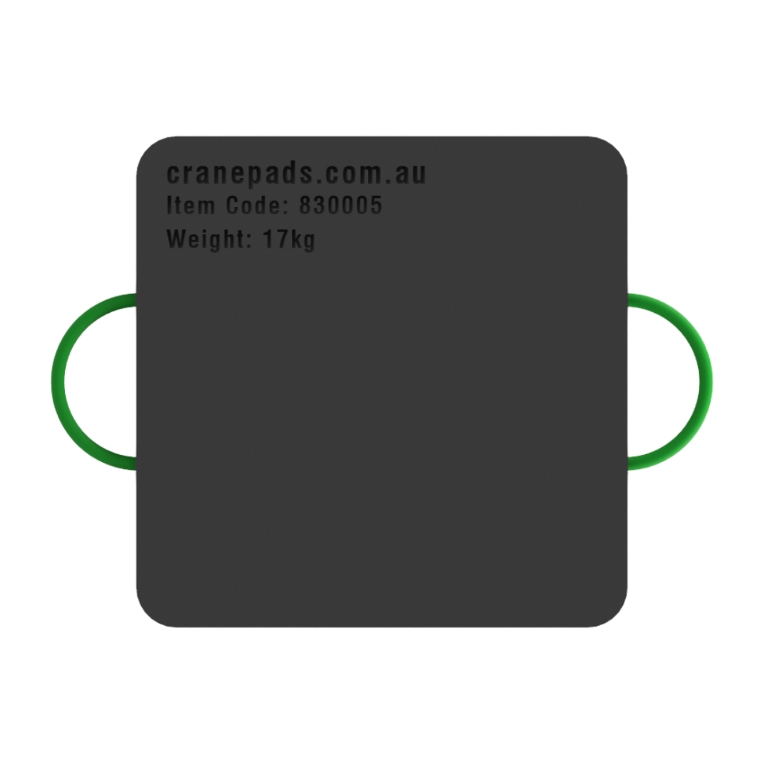 A black square-shaped crane outrigger pad with dimensions marked as 600 x 600 x 50mm, and a website address and item code on the bottom.