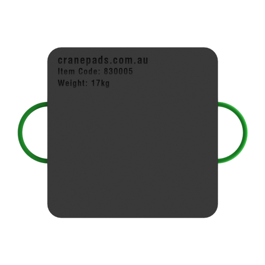 A black square-shaped crane outrigger pad with dimensions marked as 600 x 600 x 50mm, and a website address and item code on the bottom.