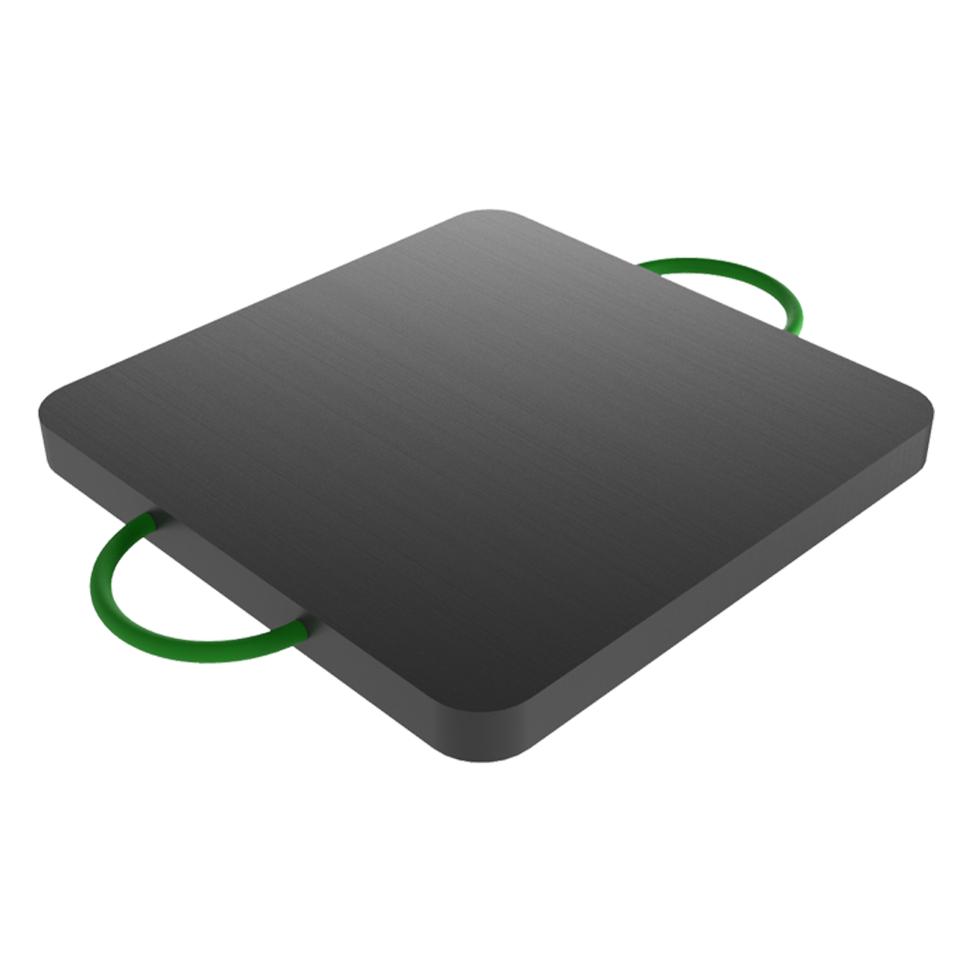 Black rectangular outrigger pad with green handles on a white background