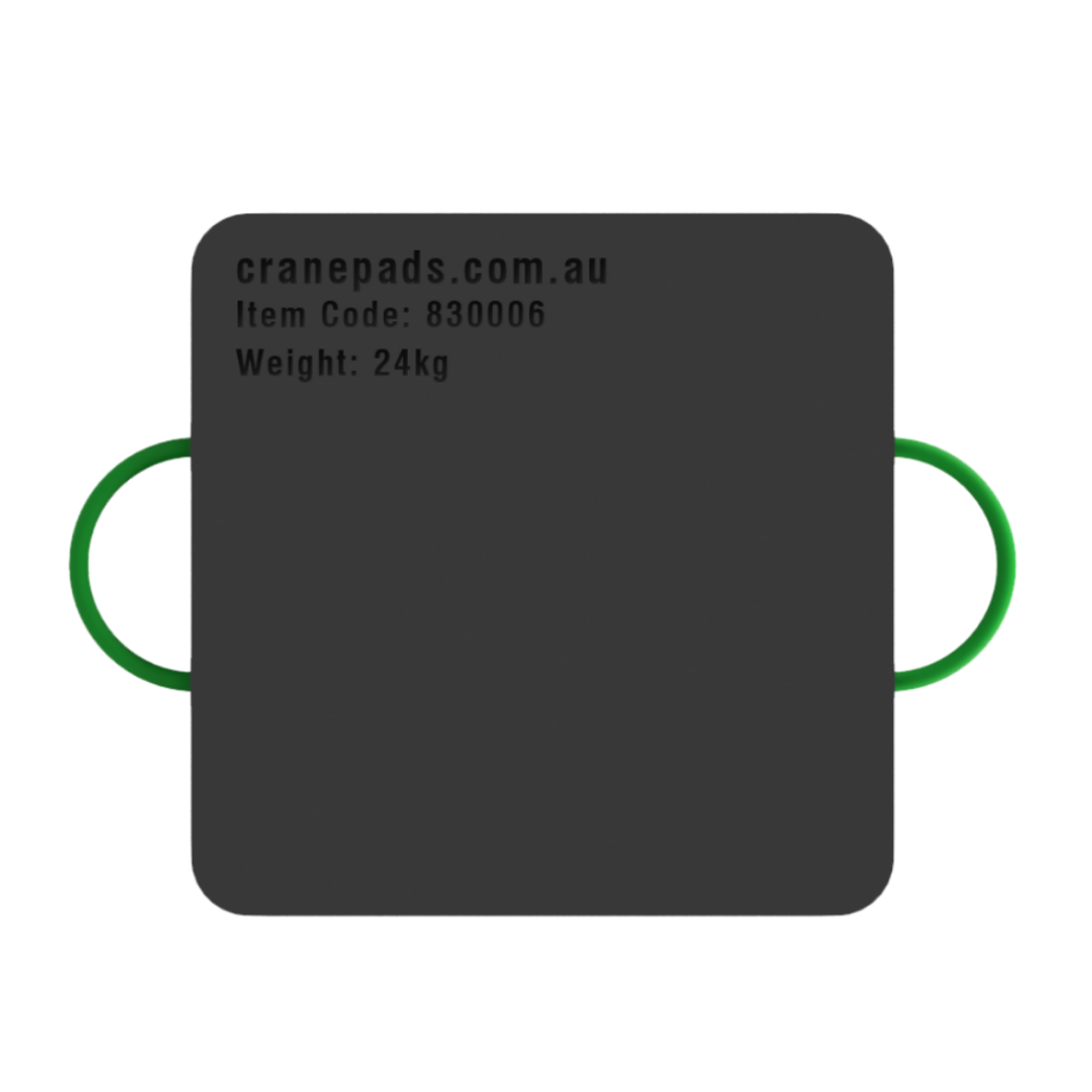 A black square-shaped crane outrigger pad with dimensions marked as 600 x 600 x 60mm, and a website address and item code on the bottom.