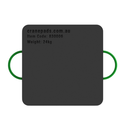 A black square-shaped crane outrigger pad with dimensions marked as 600 x 600 x 60mm, and a website address and item code on the bottom.