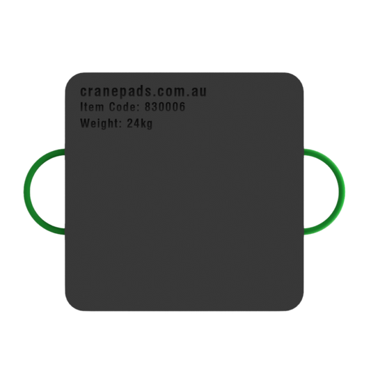 A black square-shaped crane outrigger pad with dimensions marked as 600 x 600 x 60mm, and a website address and item code on the bottom.