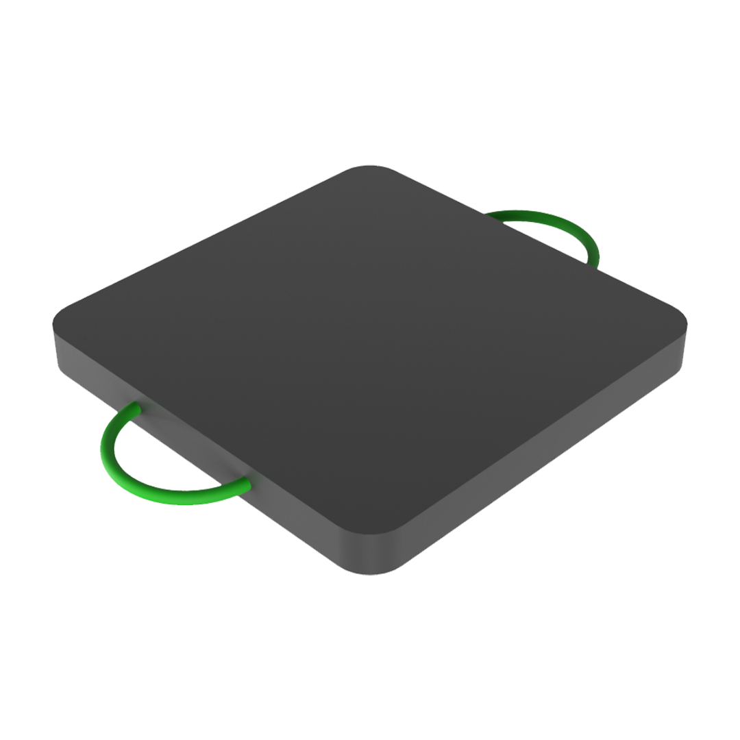Black rectangular outrigger pad with green handles on a white background