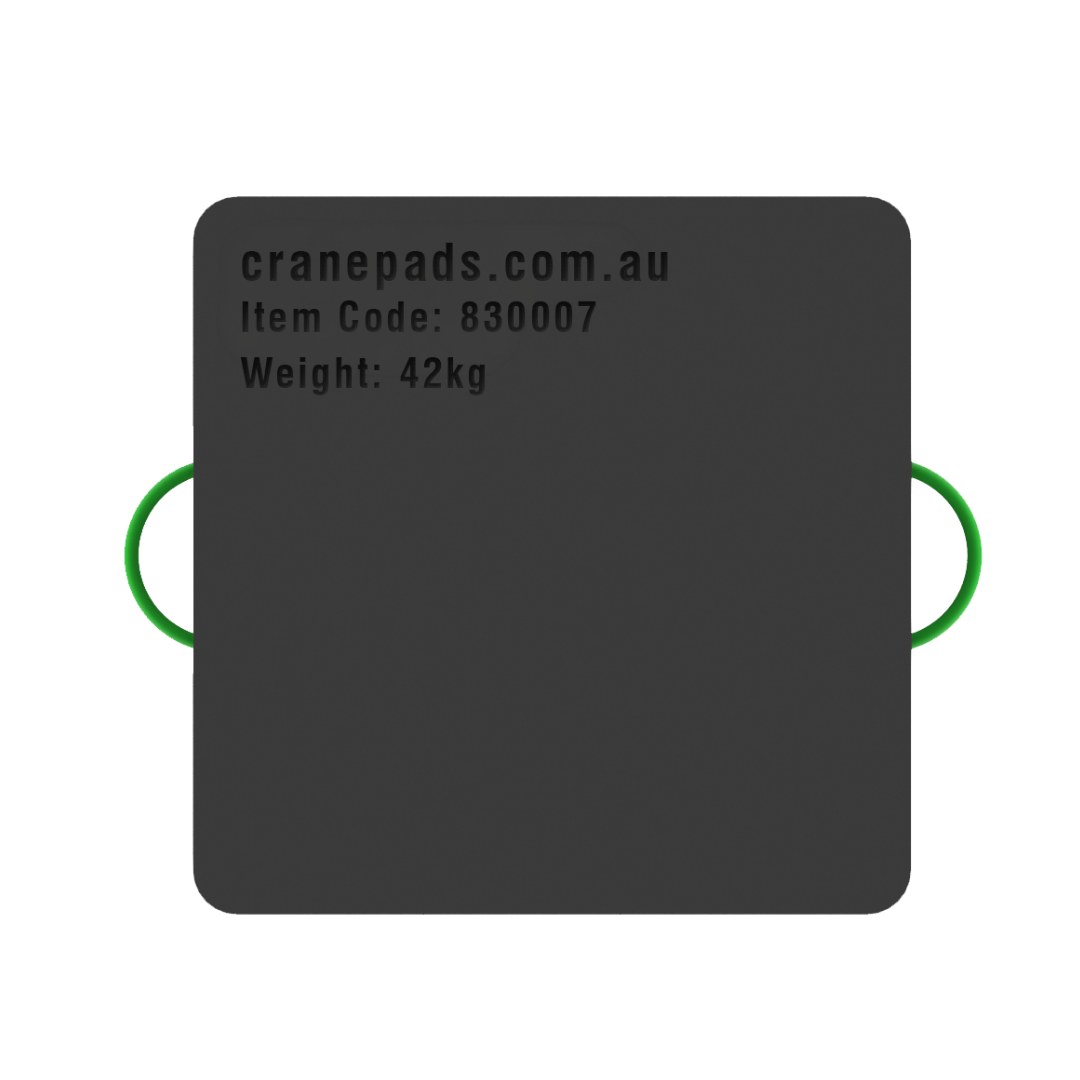 A black square crane outrigger pad with green handles on the sides, branded with cranepads.com.au.