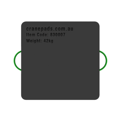 A black square crane outrigger pad with green handles on the sides, branded with cranepads.com.au.