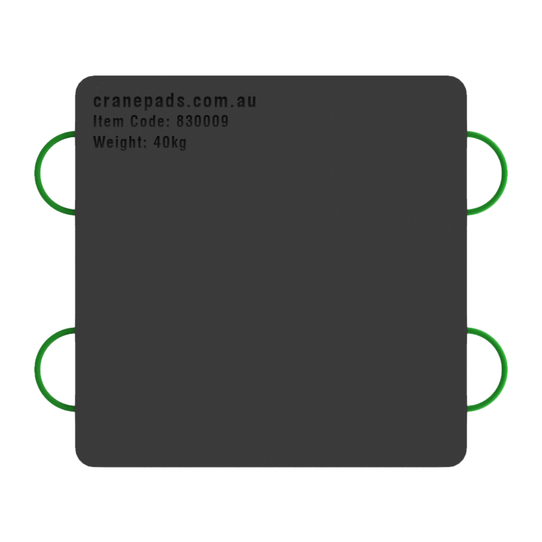 A black square-shaped crane outrigger pad with dimensions marked as 1000 x 1000 x 40mm, and a website address and item code at the top.
