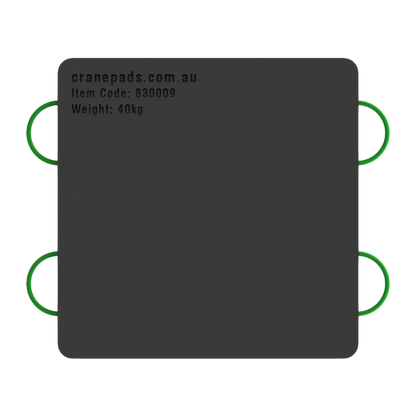A black square-shaped crane outrigger pad with dimensions marked as 1000 x 1000 x 40mm, and a website address and item code at the top.