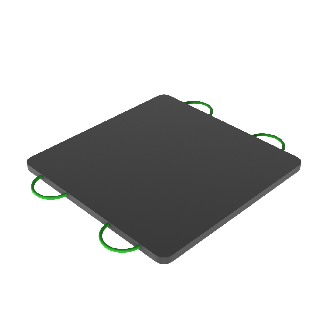 Black square outrigger pad with green circular handles on a white background