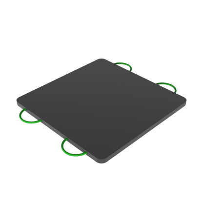 Black square outrigger pad with green circular handles on a white background