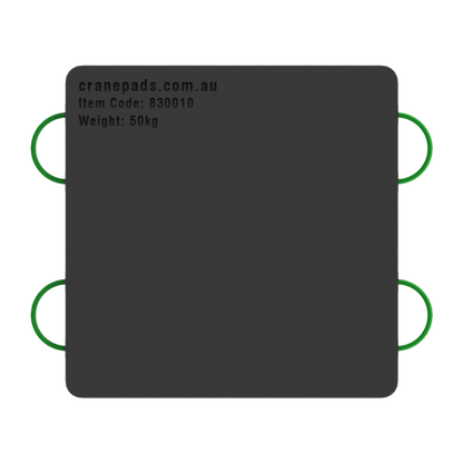 A black square-shaped crane outrigger pad with dimensions marked as 1000 x 1000 x 50mm, and a website address and item code at the top.