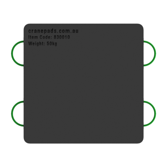 A black square-shaped crane outrigger pad with dimensions marked as 1000 x 1000 x 50mm, and a website address and item code at the top.