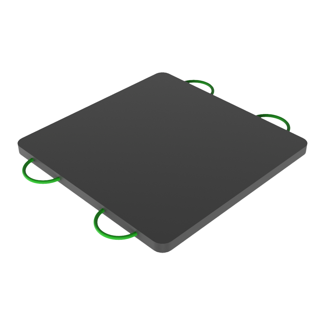 Black square outrigger pad with green handles on a white background