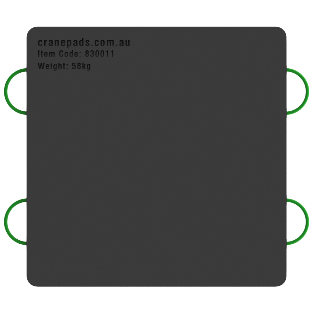 A black square-shaped crane outrigger pad with dimensions marked as 1200 x 1200 x 40mm, and a website address and item code at the top.