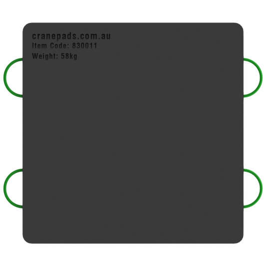 A black square-shaped crane outrigger pad with dimensions marked as 1200 x 1200 x 40mm, and a website address and item code at the top.