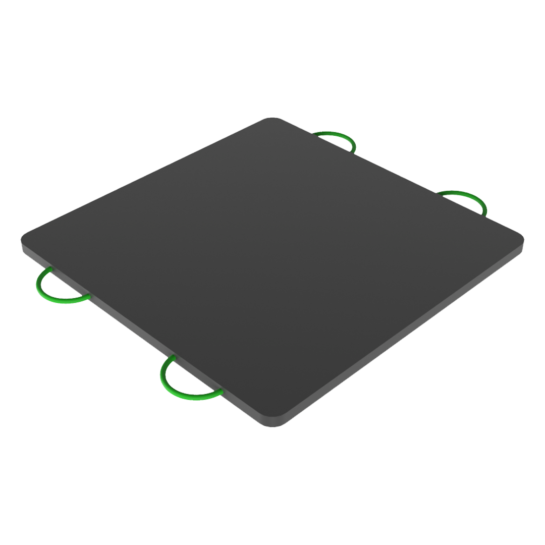 Black square outrigger pad with green loops on a white background