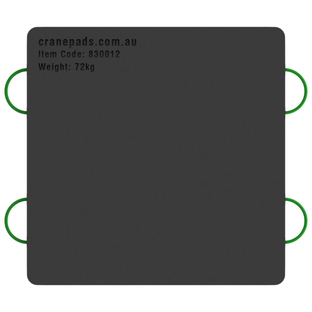 A black square-shaped crane outrigger pad with dimensions marked as 1200 x 1200 x 50mm, and a website address and item code at the top.