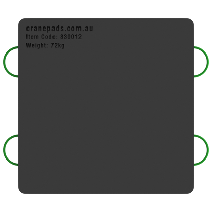 A black square-shaped crane outrigger pad with dimensions marked as 1200 x 1200 x 50mm, and a website address and item code at the top.