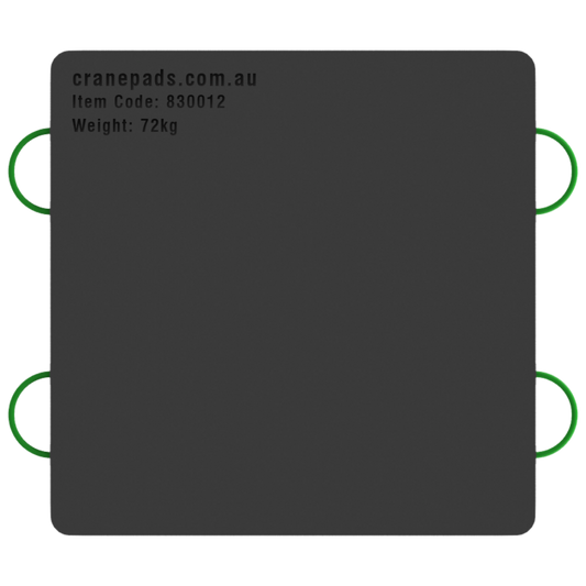 A black square-shaped crane outrigger pad with dimensions marked as 1200 x 1200 x 50mm, and a website address and item code at the top.