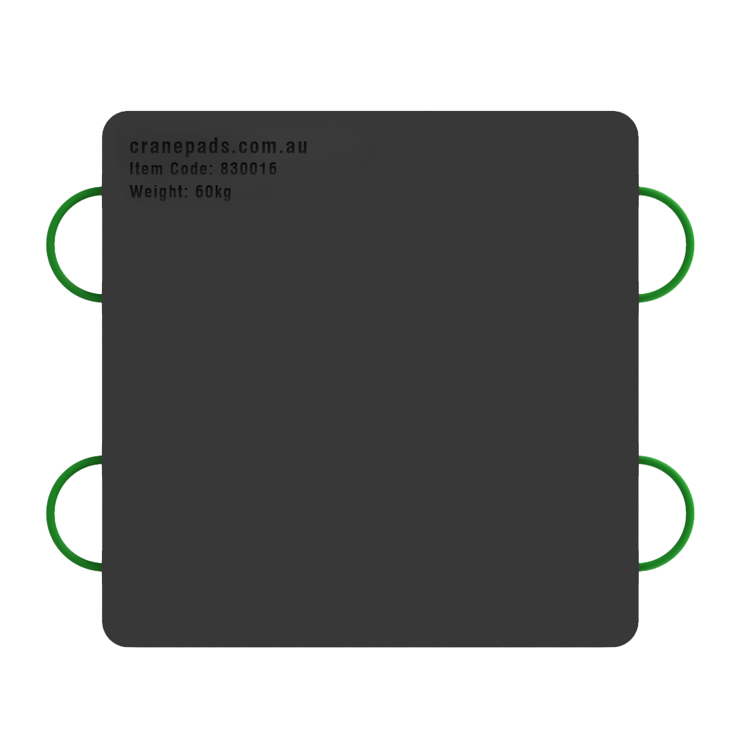 A black square crane outrigger pad with green handles on the sides, branded with cranepads.com.au