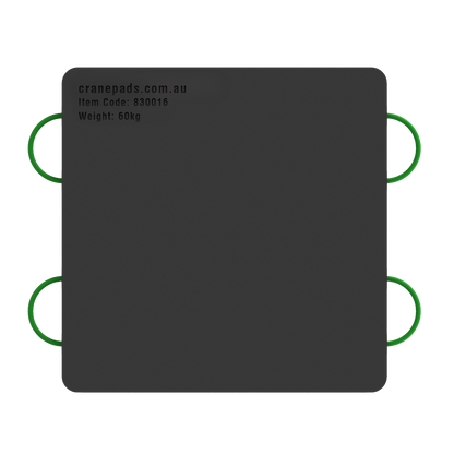 A black square crane outrigger pad with green handles on the sides, branded with cranepads.com.au