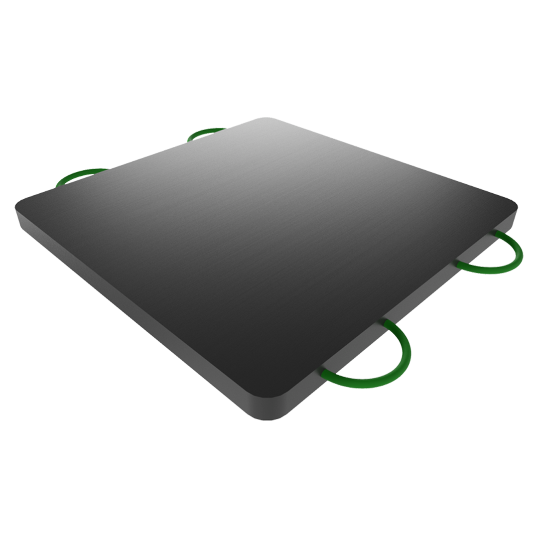 A black square crane outrigger pad with green handles on the sides.