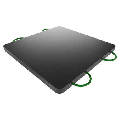 A black square crane outrigger pad with green handles on the sides.